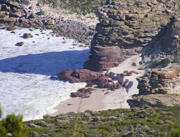The Table Mountain Group’s Graafwater Formation Visible just above the Cape Granite at the tip of Cape Point and beside Dias Beach. These mudstones and quartz sandstones were deposited mainly by southward-flowing rivers, about 490 million years ago. During dry seasons, the floodplain muds were exposed to oxygen in the air thus causing a maroon colour.