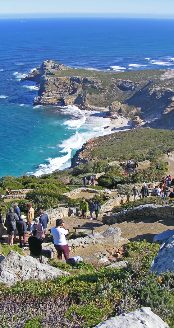 Looking down from below the old lighthouse on Cape Point Peak towards Cape Maclear and the Cape of Good Hope (beyond), the South-Western-most point in Africa.