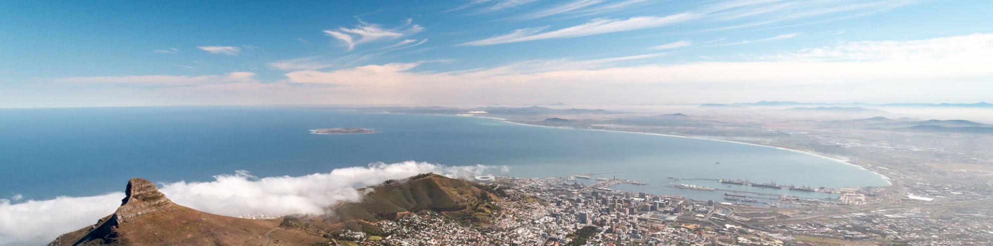 Table Bay and Robben Island viewed from the top of Table Mountain.