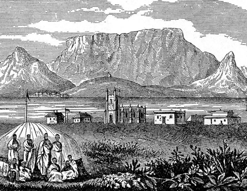 Vintage etching of Xhosa chiefs from the Eastern Cape imprisoned on Robben Island in 1868. The Anglican Church in the background was built in 1882 by Captain Richard Wolfe using convict labour. (National Library)