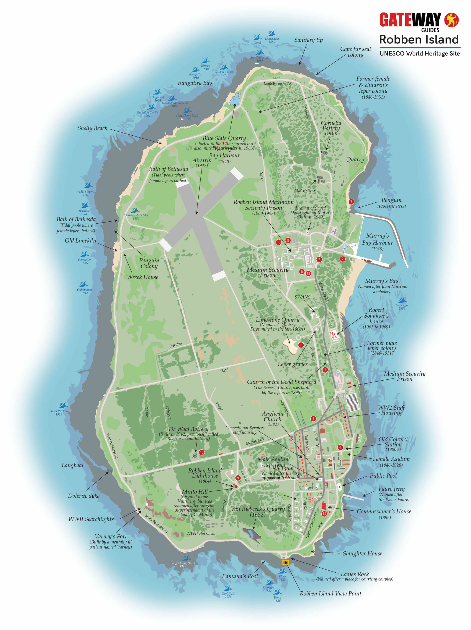 A map of Robben Island showing key locations across the island.
